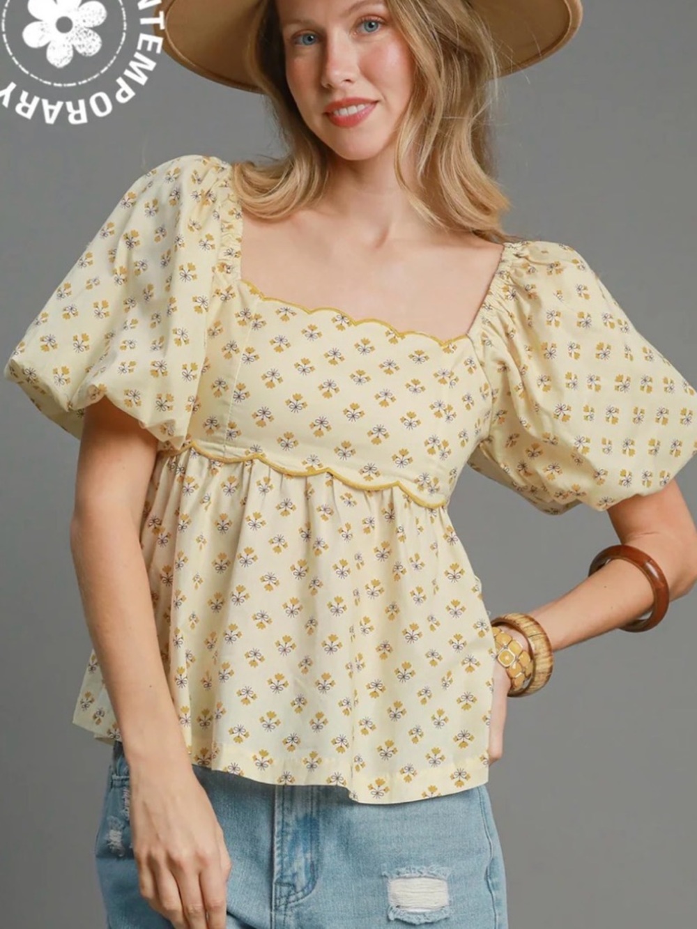 Umgee Scalloped Square-Neck Puff Sleeve Top - Yellow Floral